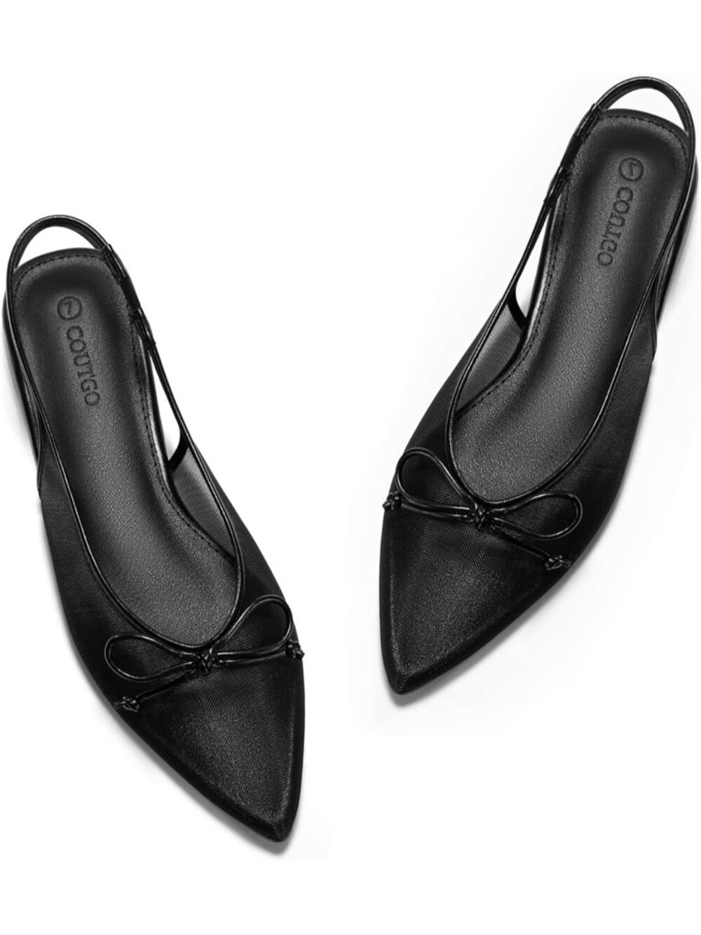 Women's Black Slingback Flats Bow Closed Pointed Toe Mesh Ballet Flats Sandals